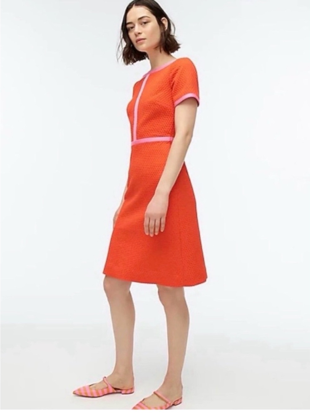 J. Crew Retro Matelassé Orange Textured A-Line Dress with Pink Trim